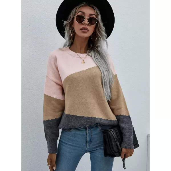 ECOWISH Women Sweater Long Sleeve Color Block Knit Pullover Sweaters Crew Neck Patchwork Casual Loose Jumper Tops216 Khaki
