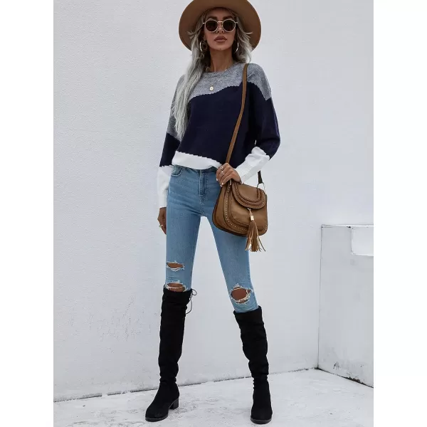 ECOWISH Women Sweater Long Sleeve Color Block Knit Pullover Sweaters Crew Neck Patchwork Casual Loose Jumper Tops216 Navy
