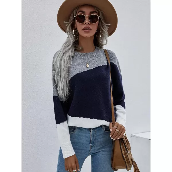 ECOWISH Women Sweater Long Sleeve Color Block Knit Pullover Sweaters Crew Neck Patchwork Casual Loose Jumper Tops216 Navy