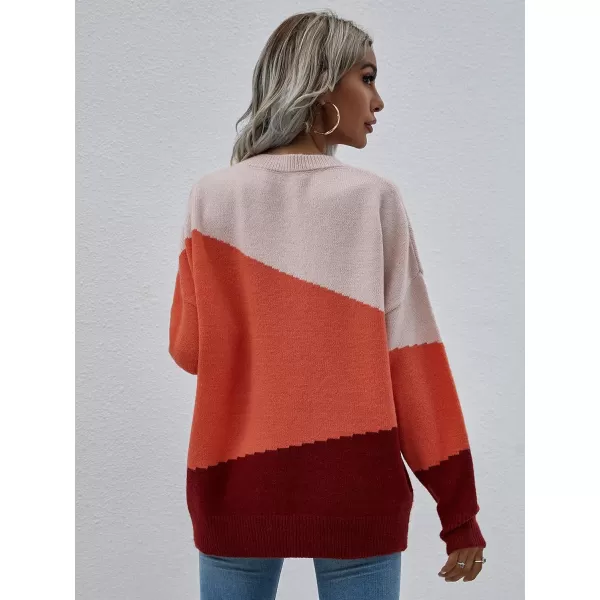 ECOWISH Women Sweater Long Sleeve Color Block Knit Pullover Sweaters Crew Neck Patchwork Casual Loose Jumper Tops216 Orange