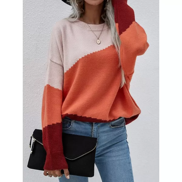 ECOWISH Women Sweater Long Sleeve Color Block Knit Pullover Sweaters Crew Neck Patchwork Casual Loose Jumper Tops216 Orange
