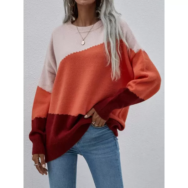 ECOWISH Women Sweater Long Sleeve Color Block Knit Pullover Sweaters Crew Neck Patchwork Casual Loose Jumper Tops216 Orange