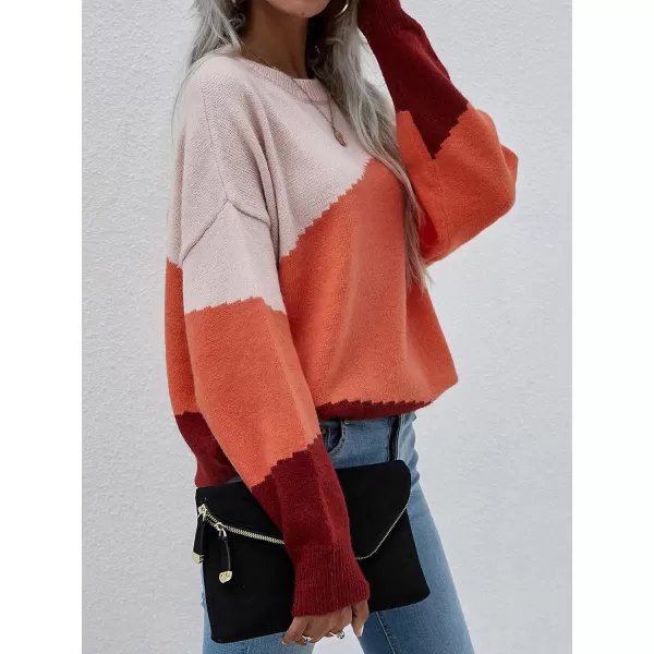ECOWISH Women Sweater Long Sleeve Color Block Knit Pullover Sweaters Crew Neck Patchwork Casual Loose Jumper Tops216 Orange