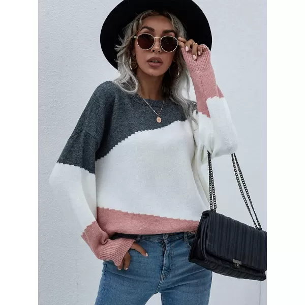 ECOWISH Women Sweater Long Sleeve Color Block Knit Pullover Sweaters Crew Neck Patchwork Casual Loose Jumper Tops216 White
