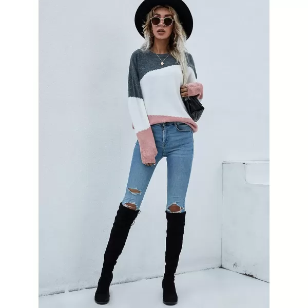 ECOWISH Women Sweater Long Sleeve Color Block Knit Pullover Sweaters Crew Neck Patchwork Casual Loose Jumper Tops216 White