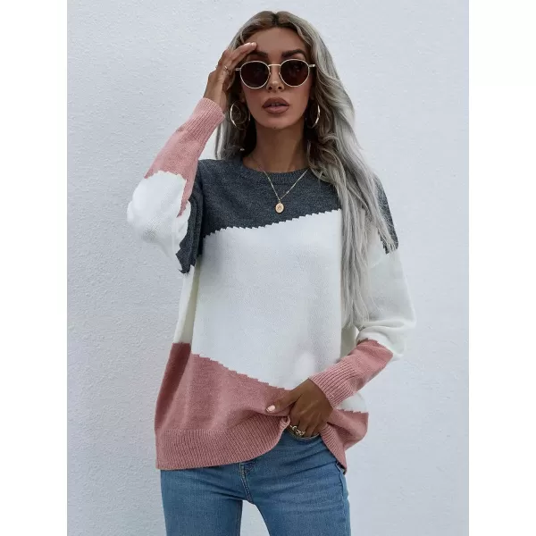 ECOWISH Women Sweater Long Sleeve Color Block Knit Pullover Sweaters Crew Neck Patchwork Casual Loose Jumper Tops216 White