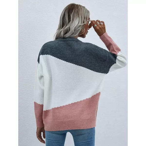 ECOWISH Women Sweater Long Sleeve Color Block Knit Pullover Sweaters Crew Neck Patchwork Casual Loose Jumper Tops216 White