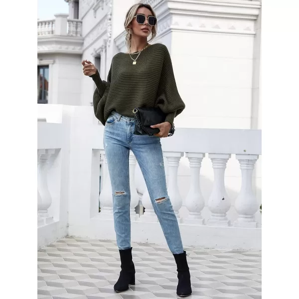 ECOWISH Women Sweater Long Sleeve Color Block Knit Pullover Sweaters Crew Neck Patchwork Casual Loose Jumper Tops243 Army Green