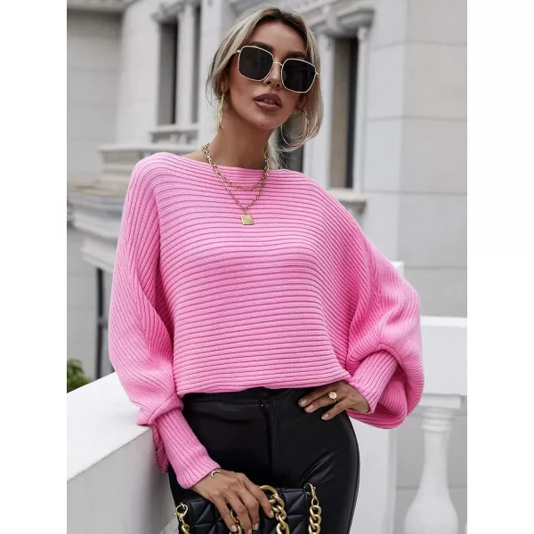 ECOWISH Women Sweater Long Sleeve Color Block Knit Pullover Sweaters Crew Neck Patchwork Casual Loose Jumper Tops243 Rose Red