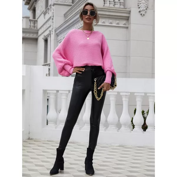ECOWISH Women Sweater Long Sleeve Color Block Knit Pullover Sweaters Crew Neck Patchwork Casual Loose Jumper Tops243 Rose Red