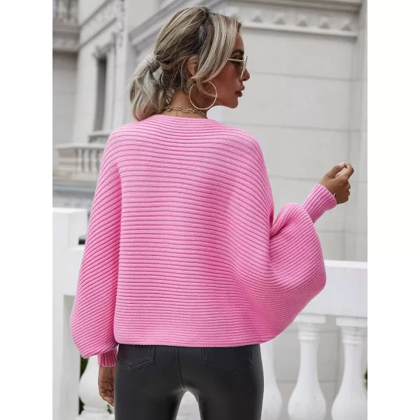 ECOWISH Women Sweater Long Sleeve Color Block Knit Pullover Sweaters Crew Neck Patchwork Casual Loose Jumper Tops243 Rose Red