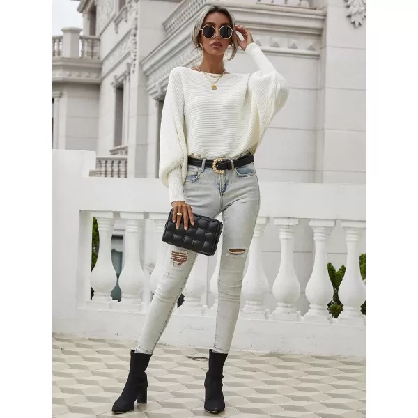 ECOWISH Women Sweater Long Sleeve Color Block Knit Pullover Sweaters Crew Neck Patchwork Casual Loose Jumper Tops243 White