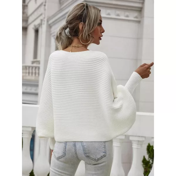 ECOWISH Women Sweater Long Sleeve Color Block Knit Pullover Sweaters Crew Neck Patchwork Casual Loose Jumper Tops243 White