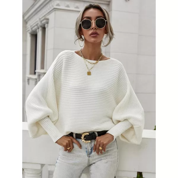 ECOWISH Women Sweater Long Sleeve Color Block Knit Pullover Sweaters Crew Neck Patchwork Casual Loose Jumper Tops243 White