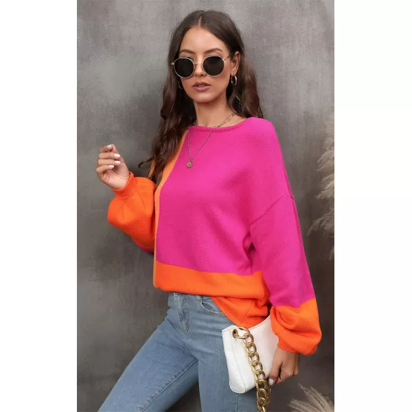 ECOWISH Women Sweater Long Sleeve Color Block Knit Pullover Sweaters Crew Neck Patchwork Casual Loose Jumper Tops333 Hot Pink