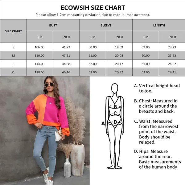 ECOWISH Women Sweater Long Sleeve Color Block Knit Pullover Sweaters Crew Neck Patchwork Casual Loose Jumper Tops333 Hot Pink