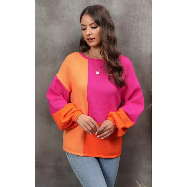 ECOWISH Women Sweater Long Sleeve Color Block Knit Pullover Sweaters Crew Neck Patchwork Casual Loose Jumper Tops333 Hot Pink