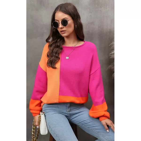 ECOWISH Women Sweater Long Sleeve Color Block Knit Pullover Sweaters Crew Neck Patchwork Casual Loose Jumper Tops333 Hot Pink