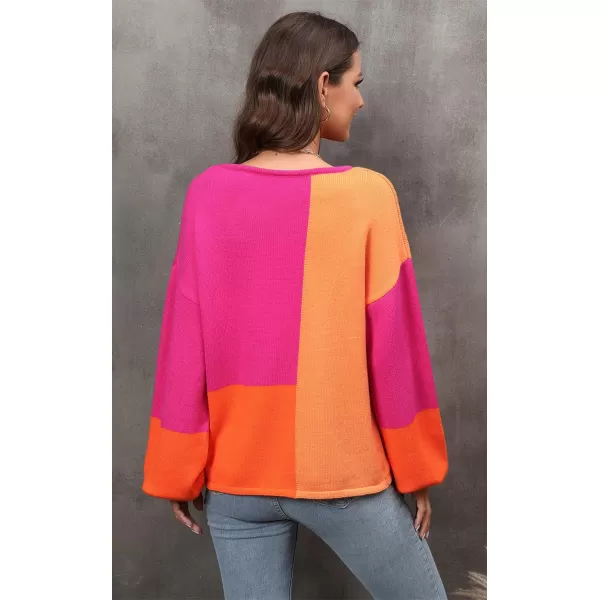 ECOWISH Women Sweater Long Sleeve Color Block Knit Pullover Sweaters Crew Neck Patchwork Casual Loose Jumper Tops333 Hot Pink