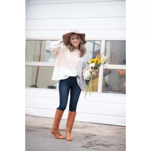 ECOWISH Women Sweater Long Sleeve Color Block Knit Pullover Sweaters Crew Neck Patchwork Casual Loose Jumper TopsBeige