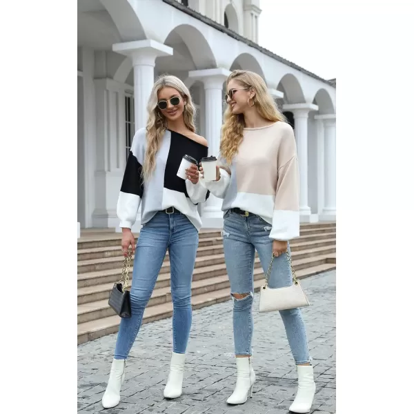 ECOWISH Women Sweater Long Sleeve Color Block Knit Pullover Sweaters Crew Neck Patchwork Casual Loose Jumper TopsBeige