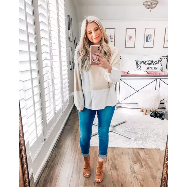 ECOWISH Women Sweater Long Sleeve Color Block Knit Pullover Sweaters Crew Neck Patchwork Casual Loose Jumper TopsBeige