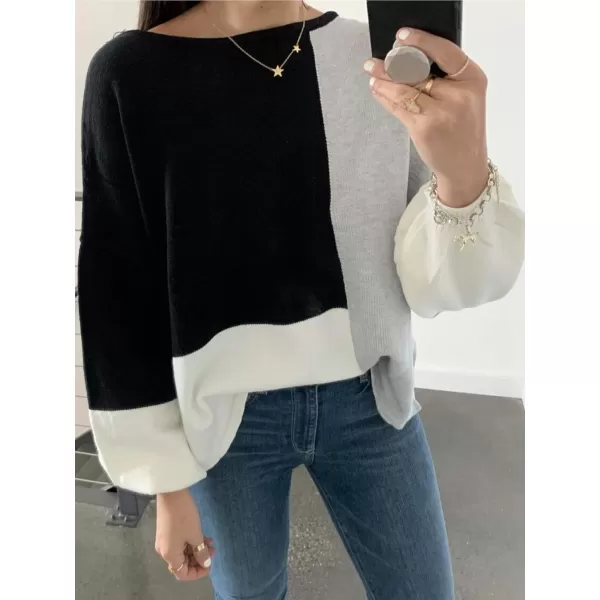 ECOWISH Women Sweater Long Sleeve Color Block Knit Pullover Sweaters Crew Neck Patchwork Casual Loose Jumper TopsBlack