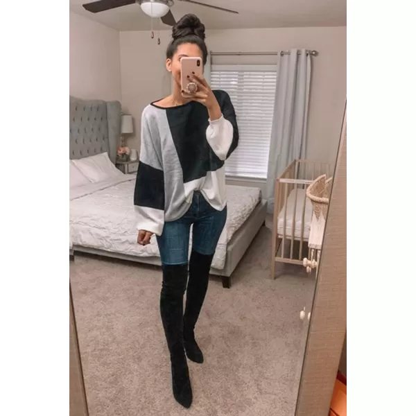 ECOWISH Women Sweater Long Sleeve Color Block Knit Pullover Sweaters Crew Neck Patchwork Casual Loose Jumper TopsBlack