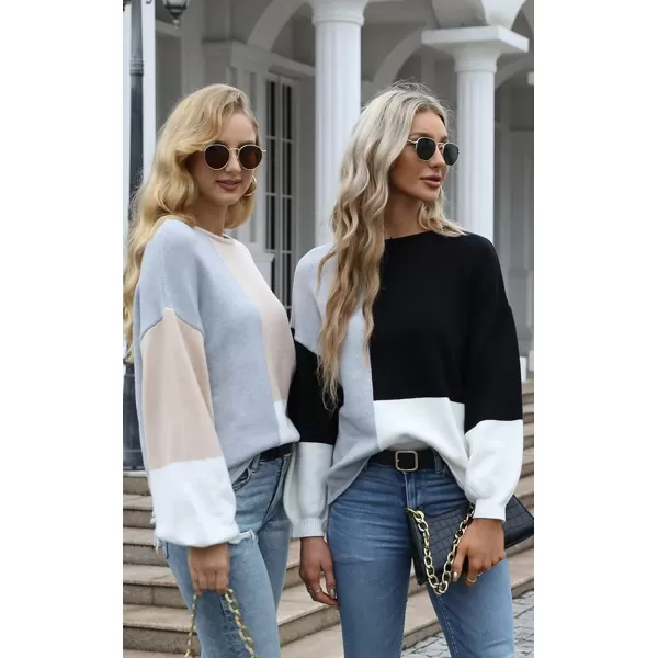 ECOWISH Women Sweater Long Sleeve Color Block Knit Pullover Sweaters Crew Neck Patchwork Casual Loose Jumper TopsBlack