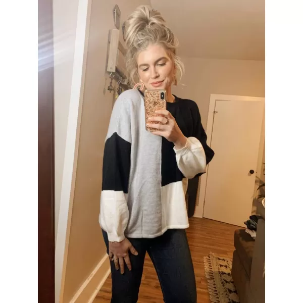 ECOWISH Women Sweater Long Sleeve Color Block Knit Pullover Sweaters Crew Neck Patchwork Casual Loose Jumper TopsBlack