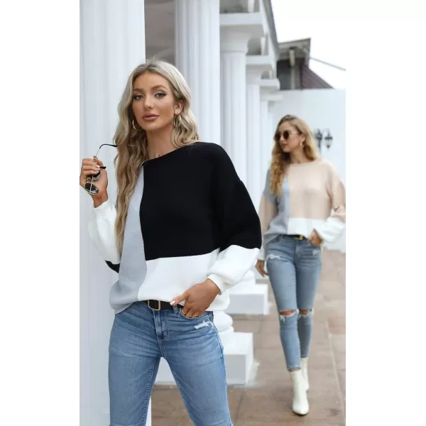 ECOWISH Women Sweater Long Sleeve Color Block Knit Pullover Sweaters Crew Neck Patchwork Casual Loose Jumper TopsBlack