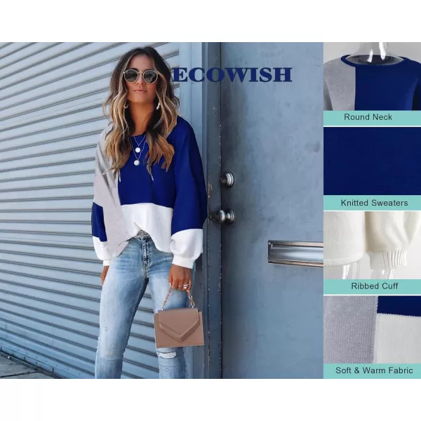 ECOWISH Women Sweater Long Sleeve Color Block Knit Pullover Sweaters Crew Neck Patchwork Casual Loose Jumper TopsBlue