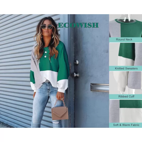 ECOWISH Women Sweater Long Sleeve Color Block Knit Pullover Sweaters Crew Neck Patchwork Casual Loose Jumper TopsGreen