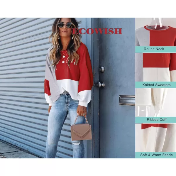 ECOWISH Women Sweater Long Sleeve Color Block Knit Pullover Sweaters Crew Neck Patchwork Casual Loose Jumper TopsRed