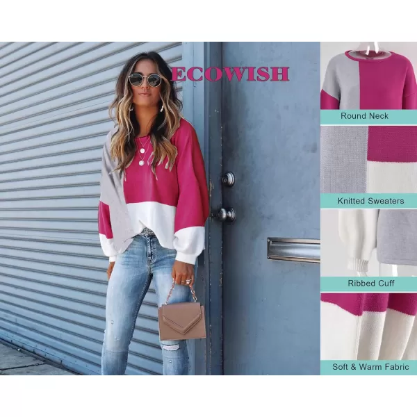 ECOWISH Women Sweater Long Sleeve Color Block Knit Pullover Sweaters Crew Neck Patchwork Casual Loose Jumper TopsRose Red
