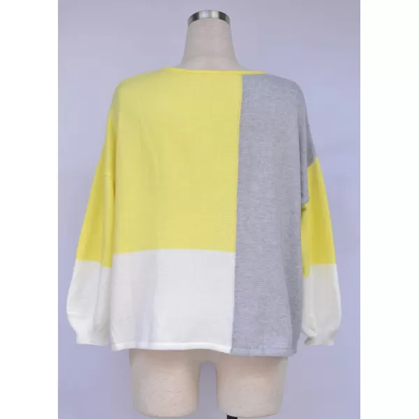 ECOWISH Women Sweater Long Sleeve Color Block Knit Pullover Sweaters Crew Neck Patchwork Casual Loose Jumper TopsYellow