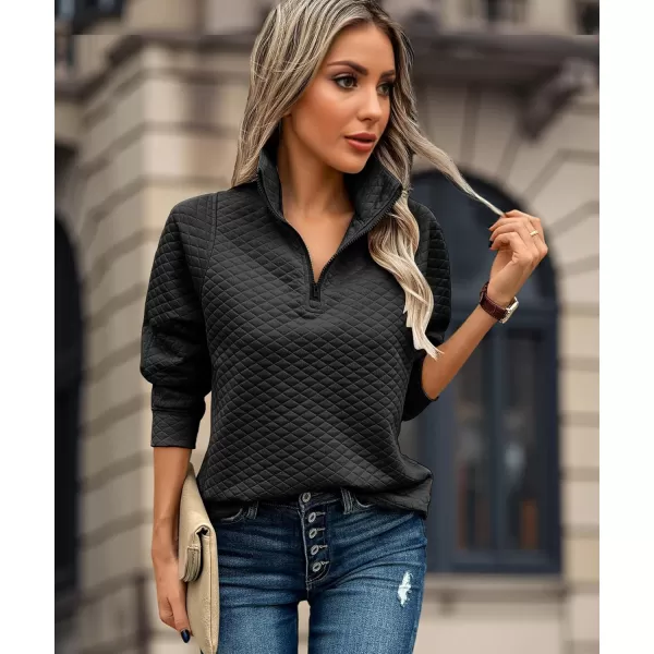 ECOWISH Women Sweatshirt Half Zip Long Sleeve Tops Trendy Qulited Pullover Plain Hoodie Outfits Casual 2024 Fashion ClothesVblack