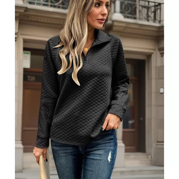 ECOWISH Women Sweatshirt Half Zip Long Sleeve Tops Trendy Qulited Pullover Plain Hoodie Outfits Casual 2024 Fashion ClothesVblack