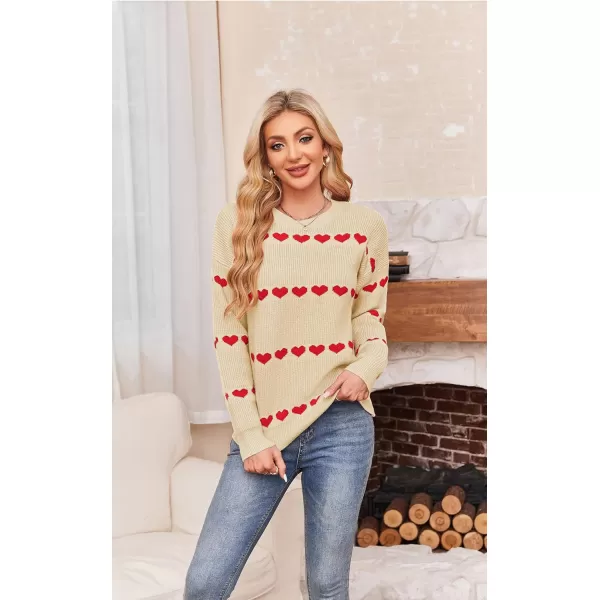 ECOWISH Women Valentine Heart Sweater V Neck Embroidery Knit Loose Casual Long Sleeve Ribbed Pullover Sweaters3412 Beige