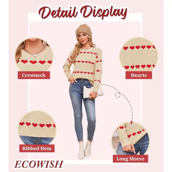 ECOWISH Women Valentine Heart Sweater V Neck Embroidery Knit Loose Casual Long Sleeve Ribbed Pullover Sweaters3412 Beige