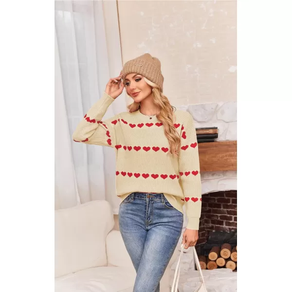 ECOWISH Women Valentine Heart Sweater V Neck Embroidery Knit Loose Casual Long Sleeve Ribbed Pullover Sweaters3412 Beige