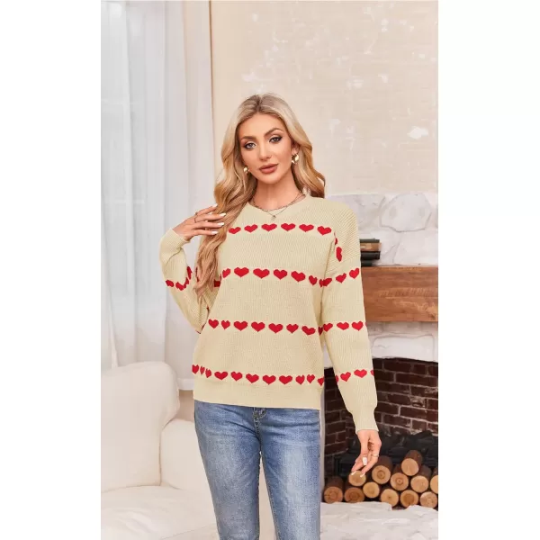 ECOWISH Women Valentine Heart Sweater V Neck Embroidery Knit Loose Casual Long Sleeve Ribbed Pullover Sweaters3412 Beige