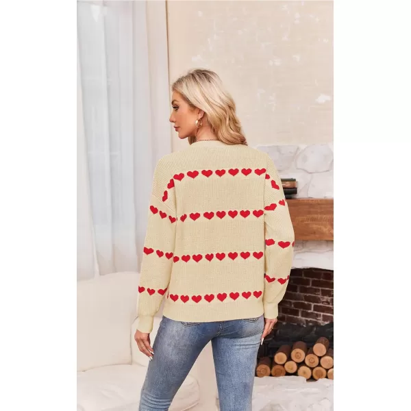 ECOWISH Women Valentine Heart Sweater V Neck Embroidery Knit Loose Casual Long Sleeve Ribbed Pullover Sweaters3412 Beige