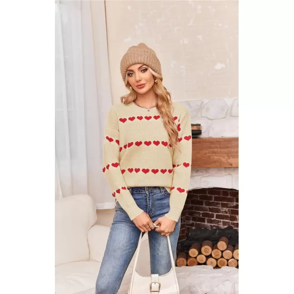 ECOWISH Women Valentine Heart Sweater V Neck Embroidery Knit Loose Casual Long Sleeve Ribbed Pullover Sweaters3412 Beige
