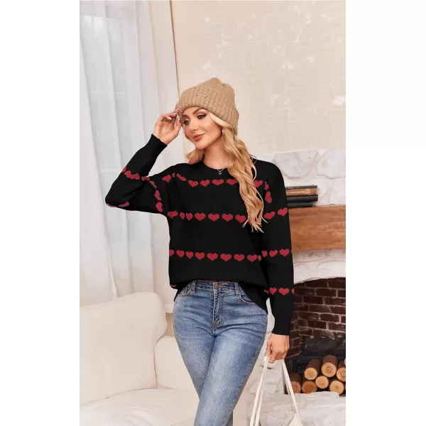 ECOWISH Women Valentine Heart Sweater V Neck Embroidery Knit Loose Casual Long Sleeve Ribbed Pullover Sweaters3412 Black
