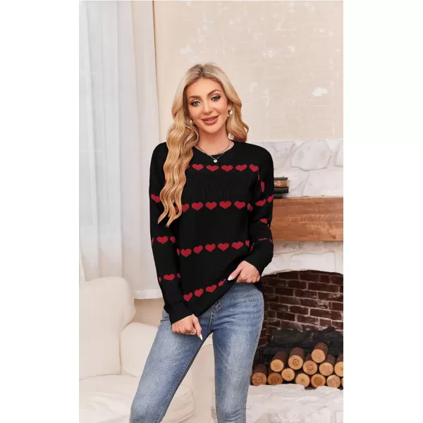 ECOWISH Women Valentine Heart Sweater V Neck Embroidery Knit Loose Casual Long Sleeve Ribbed Pullover Sweaters3412 Black