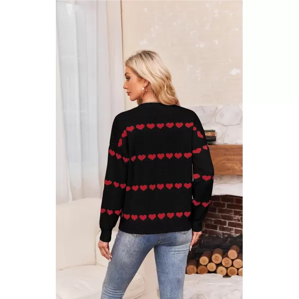 ECOWISH Women Valentine Heart Sweater V Neck Embroidery Knit Loose Casual Long Sleeve Ribbed Pullover Sweaters3412 Black