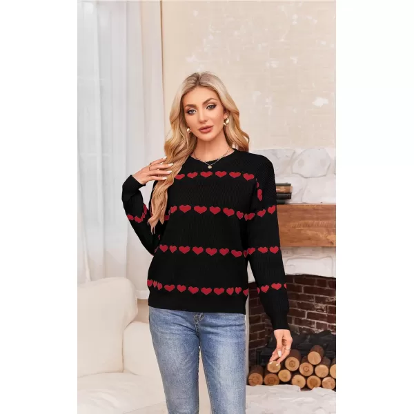 ECOWISH Women Valentine Heart Sweater V Neck Embroidery Knit Loose Casual Long Sleeve Ribbed Pullover Sweaters3412 Black