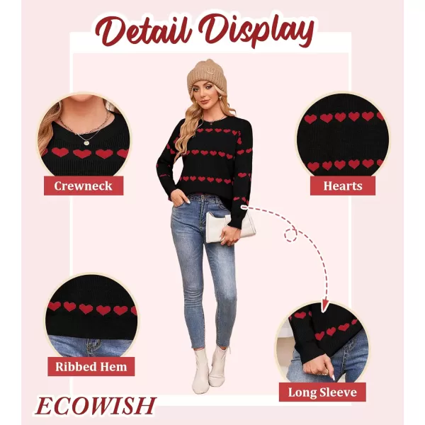 ECOWISH Women Valentine Heart Sweater V Neck Embroidery Knit Loose Casual Long Sleeve Ribbed Pullover Sweaters3412 Black