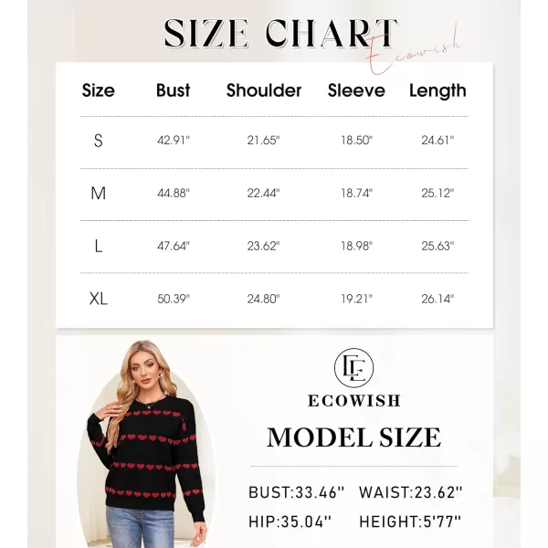 ECOWISH Women Valentine Heart Sweater V Neck Embroidery Knit Loose Casual Long Sleeve Ribbed Pullover Sweaters3412 Black